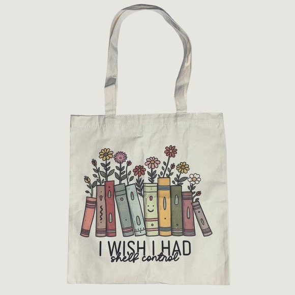 Handbags - I Wish I Had Shelf Control Book Floral Canvas Tote Bag Cream Graphic